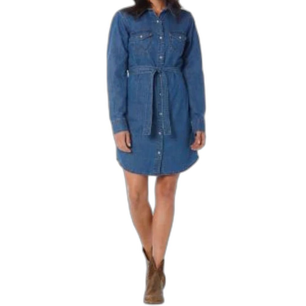 Wrangler Retro Women's Medium M Blue Denim Pearl Snap Jean Mid Dress Rodeo